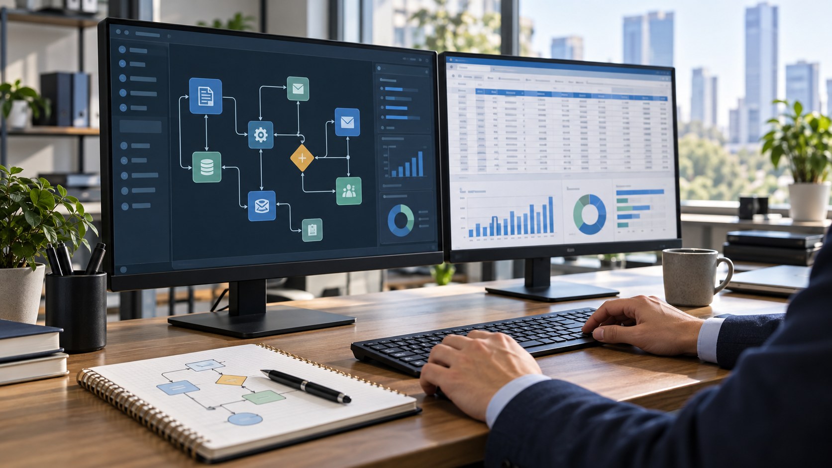 Cena ilustrativa de automação e processos em escritório